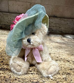Bearington Collection Plush Bear Green Floral Net Bonnet Pink Velvet Ribbon Bow